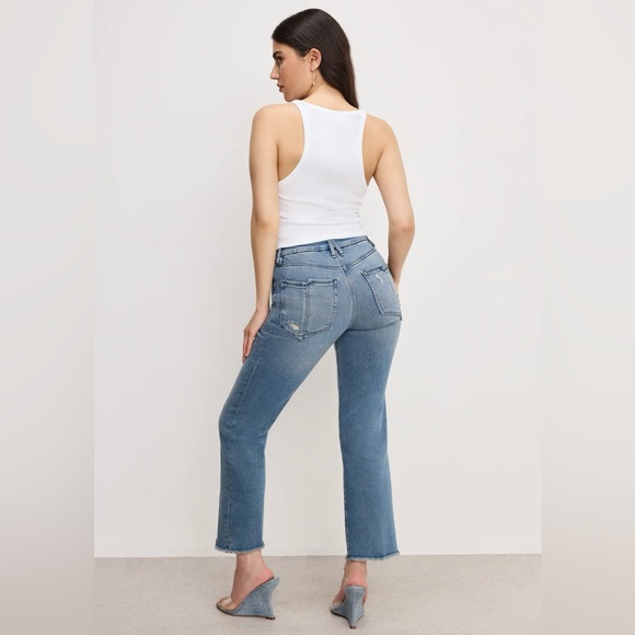 Good American STRAIGHT PETITE FRAYED HEM JEANS BLUE 449 WOMENS